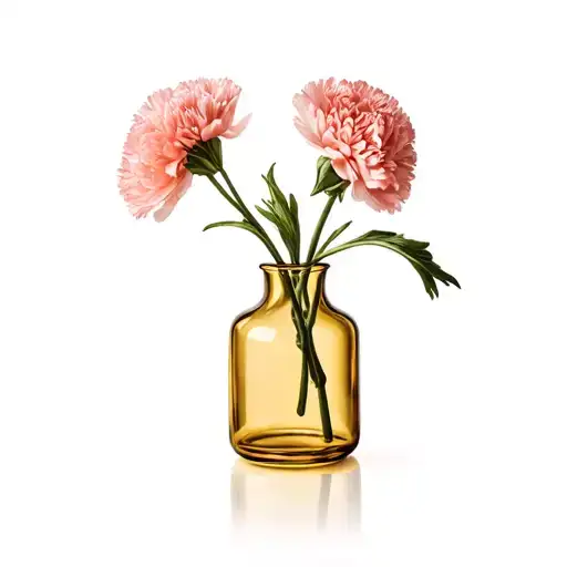 amber glass vase with carnation flowers. värillinen minimalistinen kuva tattoo design idea