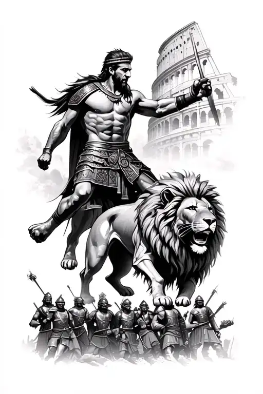gladiator fighting lion in front of colosseum surrounded by gladiators tattoo design idea