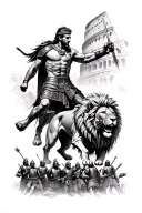 gladiator fighting lion in front of colosseum surrounded by gladiators tattoo design idea