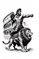 gladiator fighting lion in front of colosseum surrounded by gladiators tattoo design idea