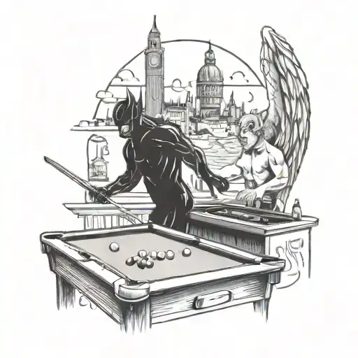A tattoo of an angel and devil playing pool together, with a London skyline in the background, showcasing the client's love for pool and London tattoo design idea