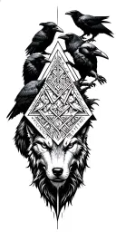 valknut with odin face with two wolfs two ravens with yggrasil and vegvisir tattoo design idea
