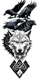 valknut with odin face with two wolfs two ravens with yggrasil and vegvisir tattoo design idea