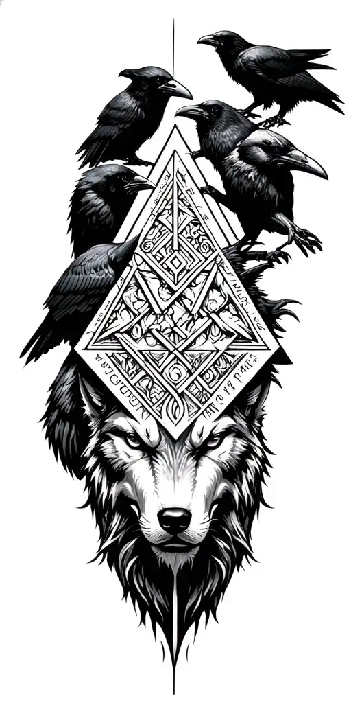 valknut with odin face with two wolfs two ravens with yggrasil and vegvisir tattoo design idea