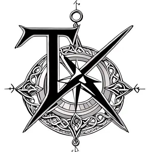 Celtic compass with letters T,, K tattoo design idea
