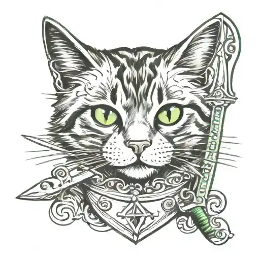 tabby cat grey, black, brown with green eyes holding dagger in the mounth tattoo design idea