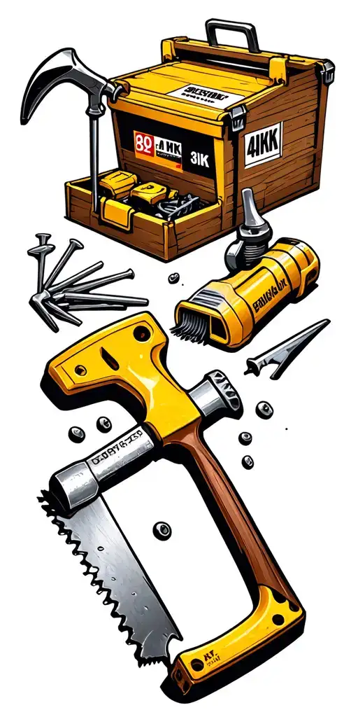 A realistconstruction tool themed tattoo. With a hammer, screwdriver, nails, screws and a drywall saw, plyers, caulk box tattoo design idea