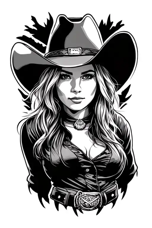 cowgirl with hat adorned standing proudly tattoo design idea