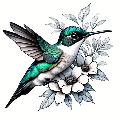 humming bird with flowers tattoo design idea