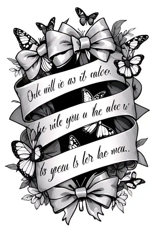 quote surrounded by bows and butterflies surrounding on side of arm tattoo design idea