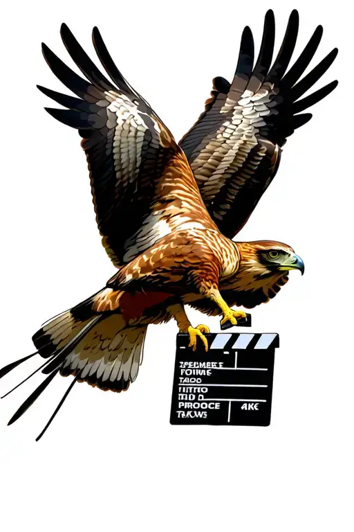red tail hawk in flight holding a movie clap board in its talens tattoo design idea