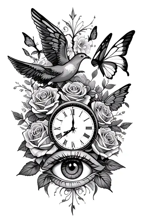 the number 444, roses, angel, butterflies, dove, clock, and eye tattoo design idea