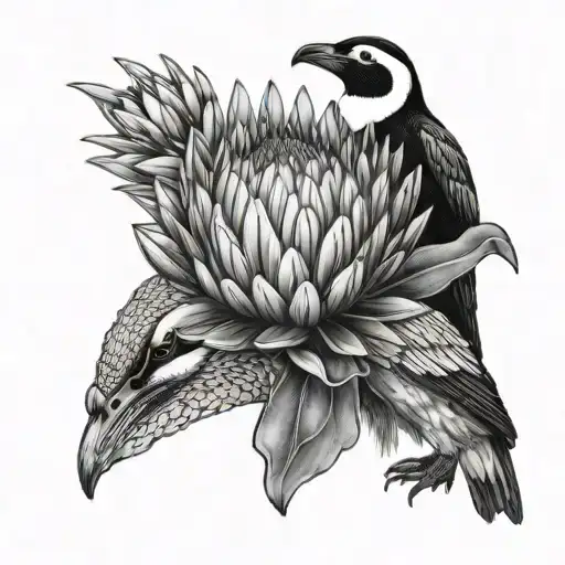 King Protea flower with African penguin tattoo design idea