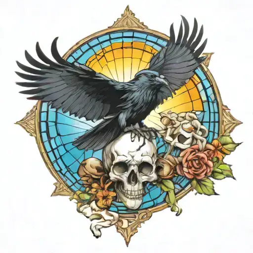 raven flying with a skull with mushrooms as bottom border with blue stained glass background and sun tattoo design idea