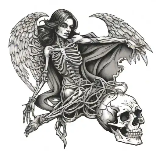 woman pulled down by skeleton and pulled up by angel tattoo design idea