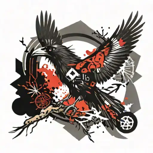 crow flying old nordic runes tattoo design idea