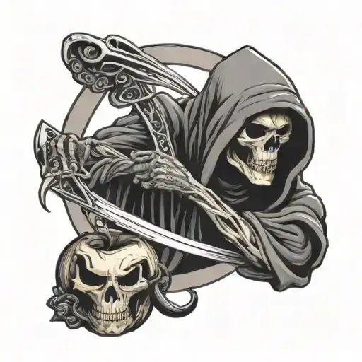 grim reaper holding scythe and apple with snake wrapped tattoo design idea