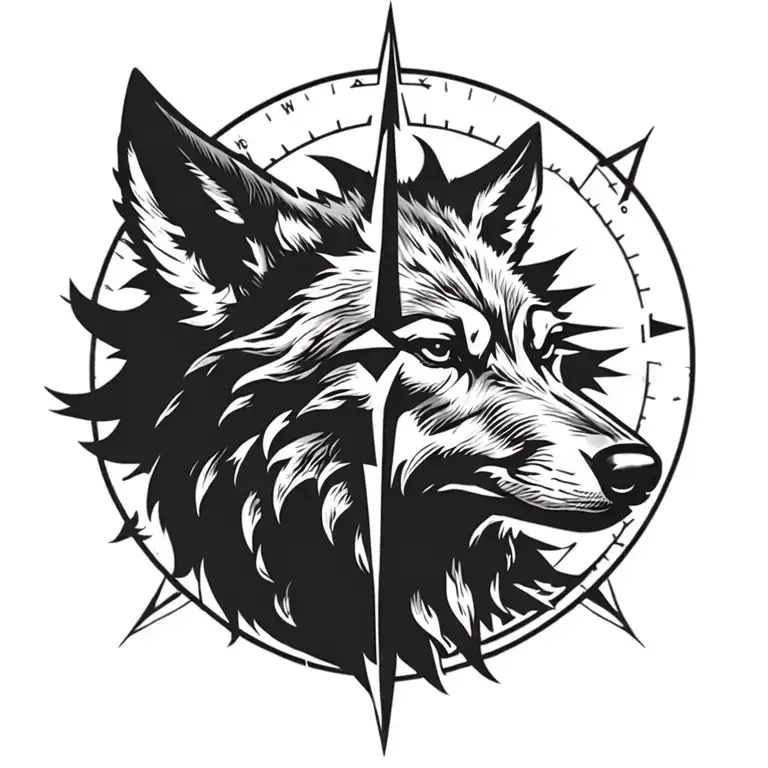 wolf logo from the witcher, around a compass, the line of compass is out of norse ruins  tattoo design idea
