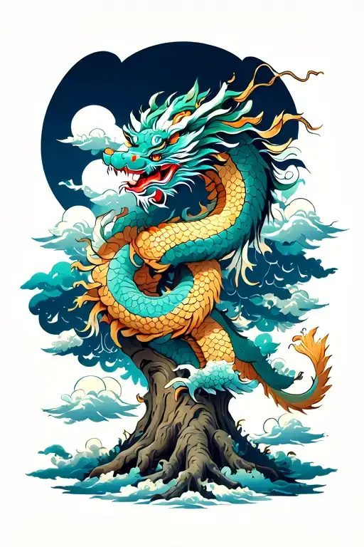 chinese dragon wrapped around a big oak tree surrounded by clouds  tattoo design idea