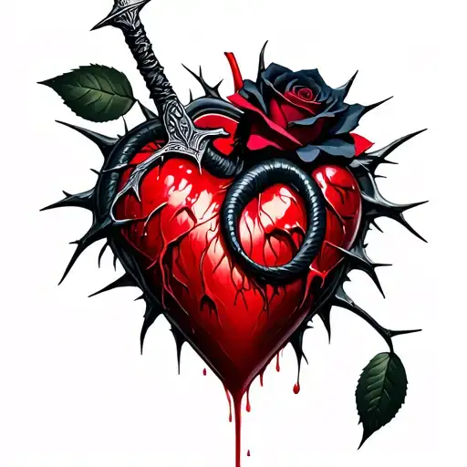 Dagger piercing a realistic bleeding heart ensnared by black rose with thorns. add a black mamba tattoo design idea