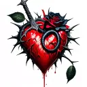 Dagger piercing a realistic bleeding heart ensnared by black rose with thorns. add a black mamba tattoo design idea