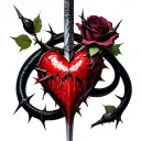 Dagger piercing a realistic bleeding heart ensnared by black rose with thorns. add a black mamba tattoo design idea