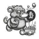 small mopey hippowith a slightly deflated balloon between its teeth, that also has grandma accessories tattoo design idea