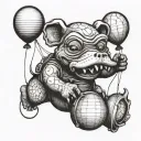 small mopey hippowith a slightly deflated balloon between its teeth, that also has grandma accessories tattoo design idea