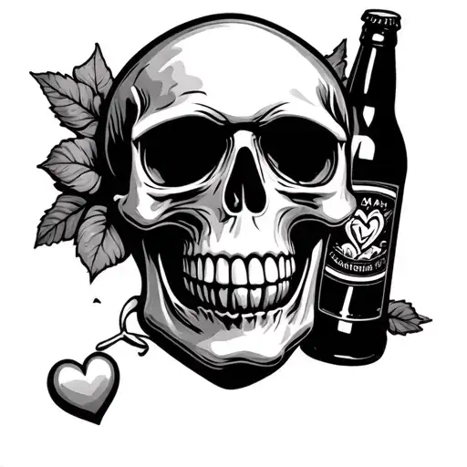 skull with heart and beer bottle tattoo design idea