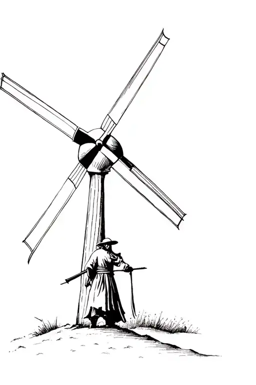 don quixote wins against the windmill tattoo design idea