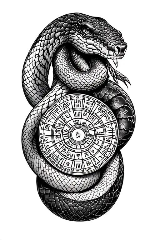 black mamba coiled around Mayan calendar tattoo design idea
