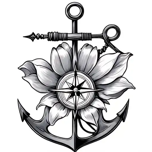 anchors, compass, tulip flower tattoo design idea