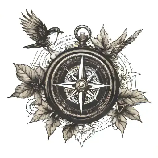 compass with trees, vintage stamps and sparrow tattoo design idea