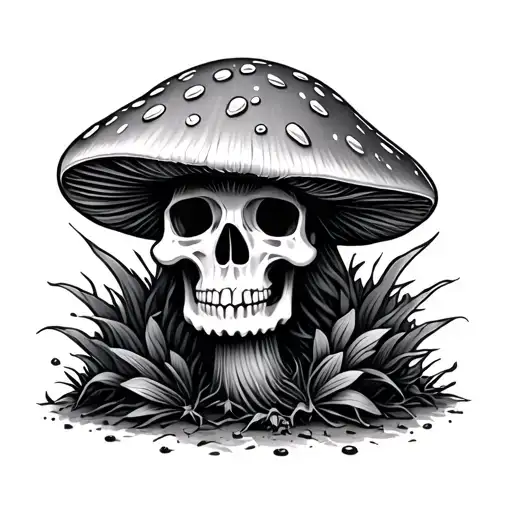cute mushroom with skull around it tattoo design idea