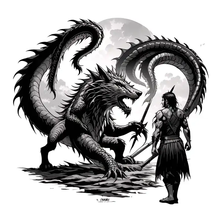 fenrir and the world serpent in battle against Odins with a young Polynesian warrior observing them tattoo design idea