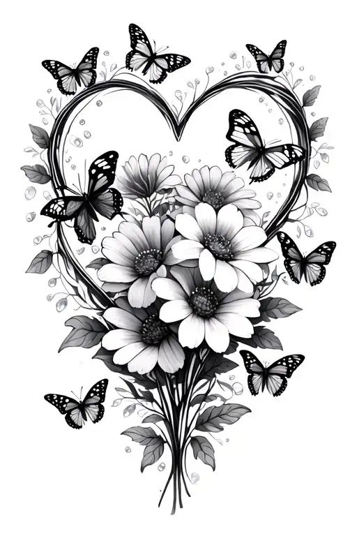 Flowers of March, Butterflies surrounded, leaves and stems twisting into hearts, sparkles around tattoo design idea