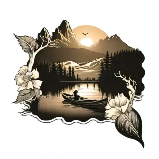 Lake and Rowing Boat and Mountains and Forest and Sun tattoo design idea