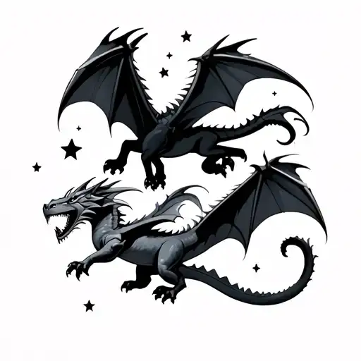 2 minimalistic Dragons flying together with some stars tattoo design idea