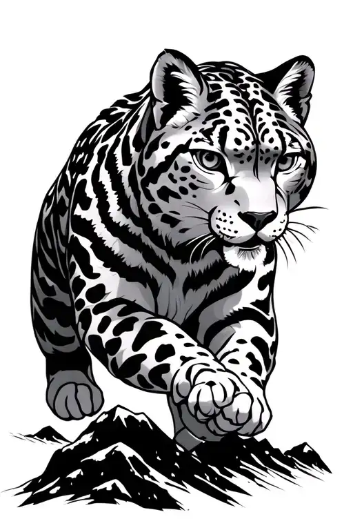 Chinese style cartoon snow leopard walking down a mountain tattoo design idea