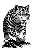 Chinese style cartoon snow leopard walking down a mountain tattoo design idea