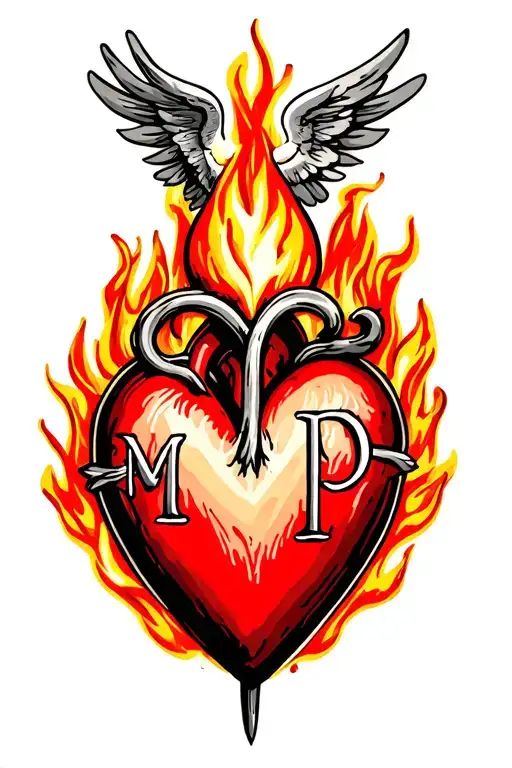 sacred heart with letters m and p in the flame tattoo design idea