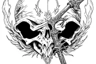 Grim reaper, with only half face exposed holding Frostmourne from World of Warcraft. tattoo design idea