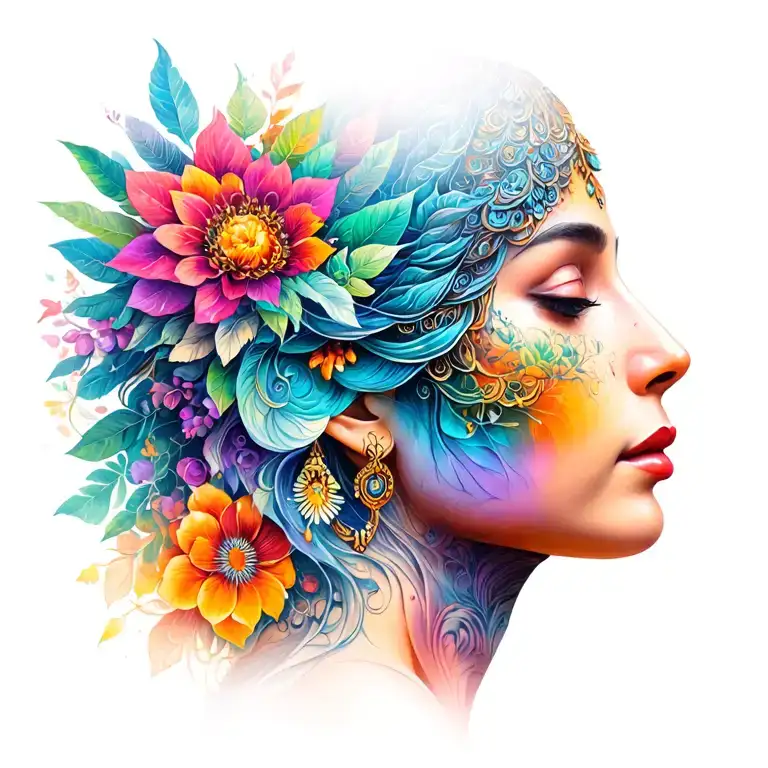 mother nature goddess very colorful like change it throughout all seasons of colorz and make her facing the right full b tattoo design idea