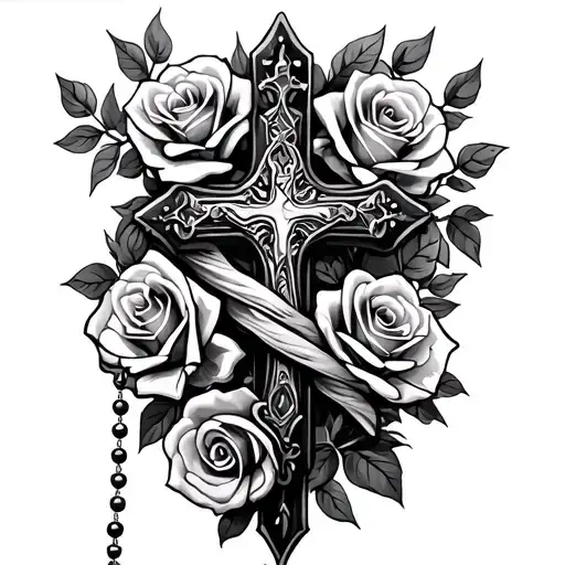 roses and cross with a rosary wrapped tattoo design idea