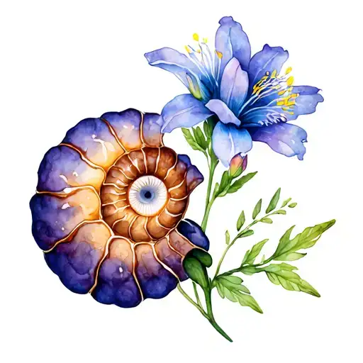 ammonite Columbine flower surrounded tattoo design idea