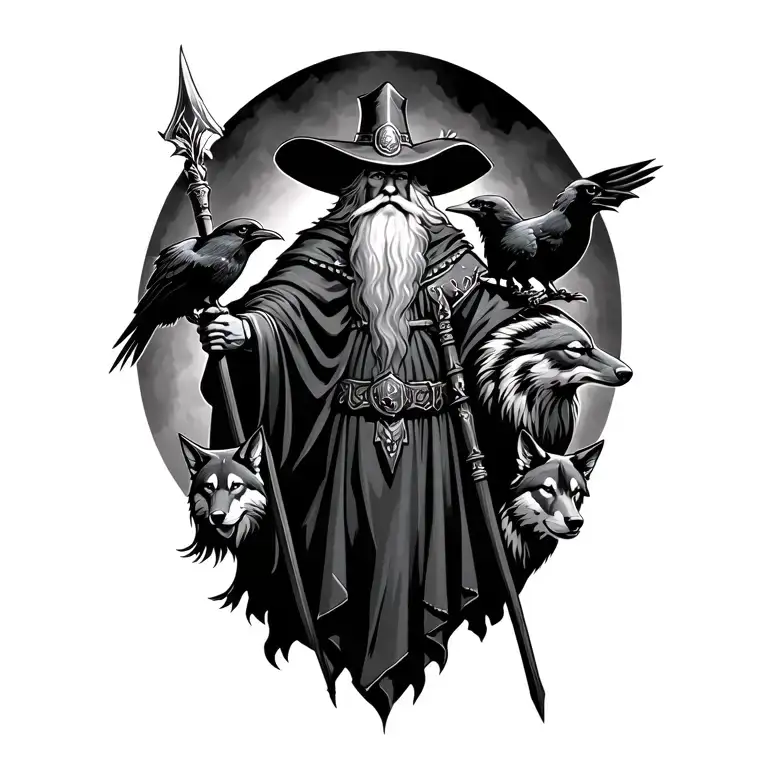 wotan the germanic God. he have a Long beard wide brimmes hat a dark cloak, hes Holding a spear there 2 raven and wolves tattoo design idea