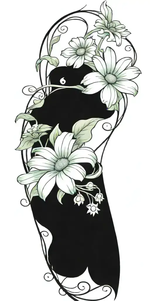 a single Long narrow vine with green leaves and daisy flowers tattoo design idea
