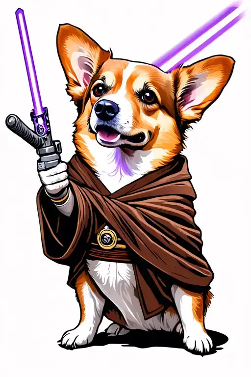 corgi wearing jedi robes weilding purple lightsaber tattoo design idea