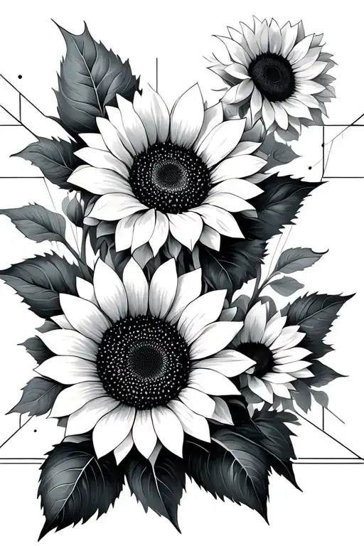 sunflowers and geometric background black and white tattoo design idea