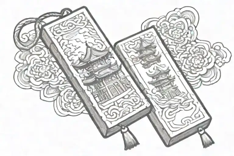 a pagoda coming out of the omamori charm tattoo design idea